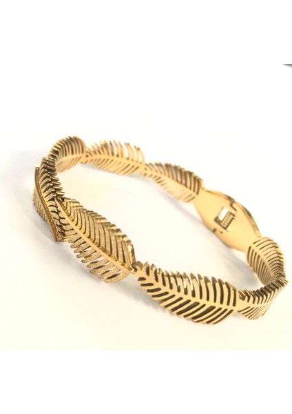 Palmiye Yaprağı Işıldayan Elmas Kesim Gold Çelik Kelepçe Bileklik 1,2 cm Genişlik