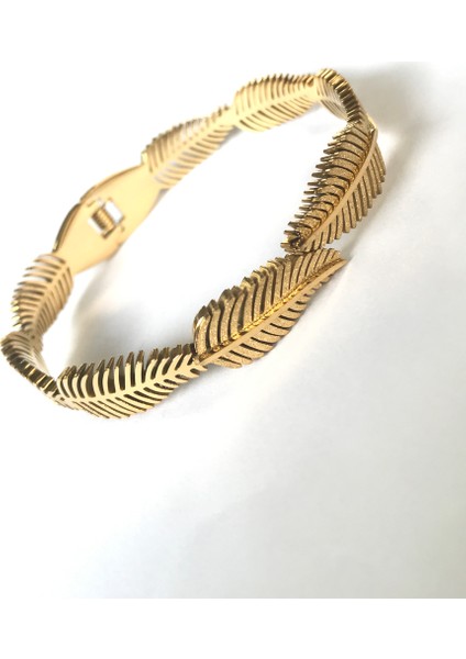 Palmiye Yaprağı Işıldayan Elmas Kesim Gold Çelik Kelepçe Bileklik 1,2 cm Genişlik