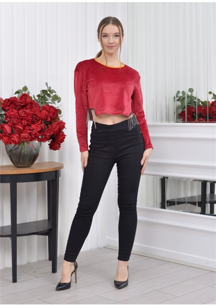 Yaka ve Taş Detaylı Soft Kadife Crop-Bluz Bordo