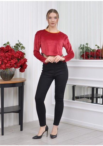 Yaka ve Taş Detaylı Soft Kadife Crop-Bluz Bordo