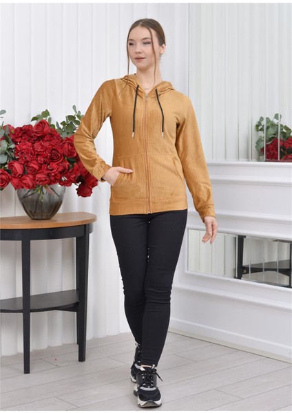 Kapşonlu Fitilli Kadife Hırka Taba Rengi fiyatları