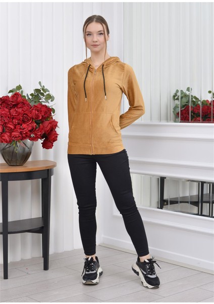 Kapşonlu Fitilli Kadife Hırka Taba Rengi modelleri