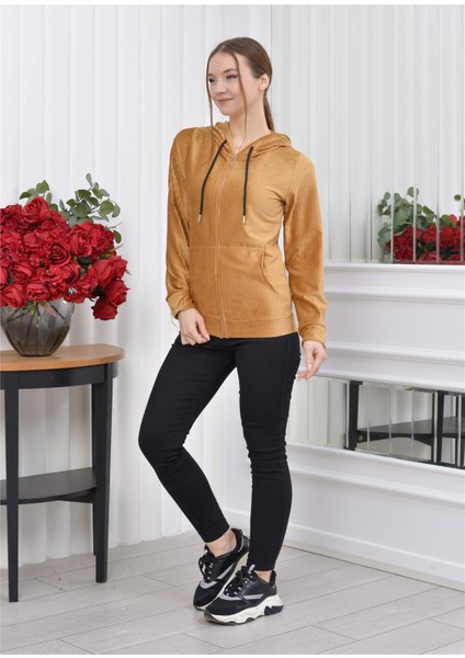 Kapşonlu Fitilli Kadife Hırka Taba Rengi fırsatları