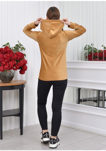 Kapşonlu Fitilli Kadife Hırka Taba Rengi indirimleri