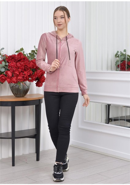 Kapşonlu Fitilli Kadife Hırka Pudra Rengi fiyatları