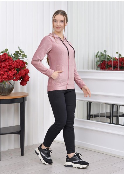 Kapşonlu Fitilli Kadife Hırka Pudra Rengi fırsatları