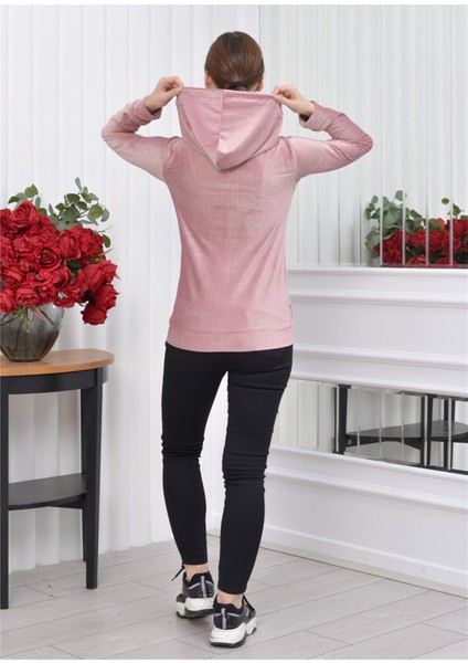 Kapşonlu Fitilli Kadife Hırka Pudra Rengi indirimleri