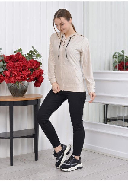 Kapşonlu Fitilli Kadife Hırka Kırık Beyaz Rengi modelleri