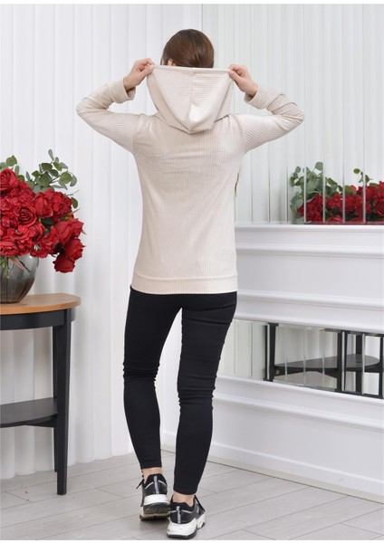 Kapşonlu Fitilli Kadife Hırka Kırık Beyaz Rengi indirimleri