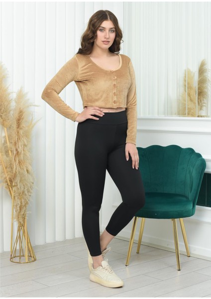 Geniş Yaka Fitilli Kadife Crop Bej Renk