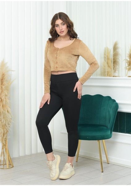 Geniş Yaka Fitilli Kadife Crop Bej Renk