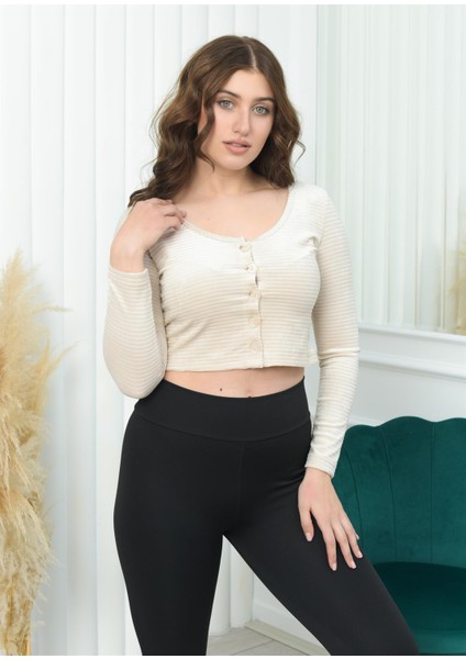 Geniş Yaka Fitilli Kadife Crop Kırık Beyaz Rengi