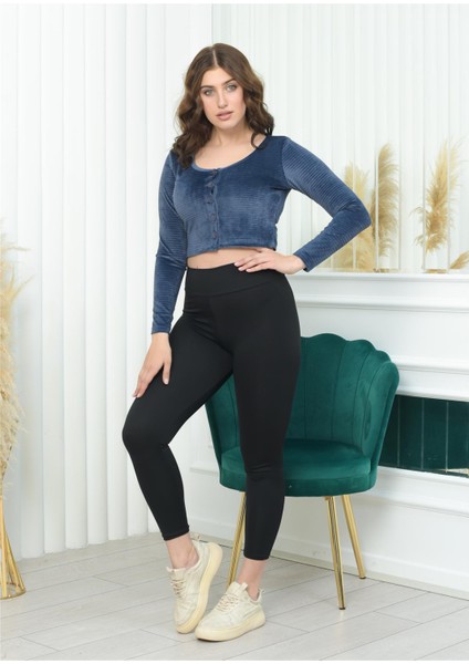 Geniş Yaka Fitilli Kadife Crop Lacivert Rengi