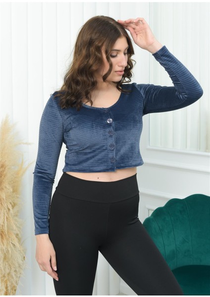 Geniş Yaka Fitilli Kadife Crop Lacivert Rengi