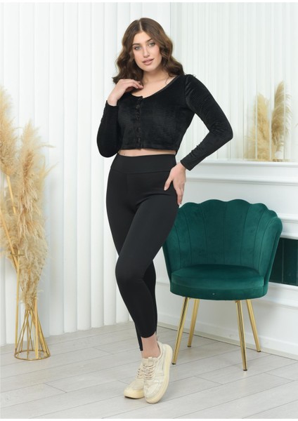 Geniş Yaka Fitilli Kadife Crop Siyah Renk