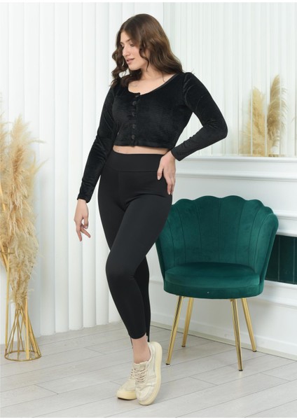 Geniş Yaka Fitilli Kadife Crop Siyah Renk