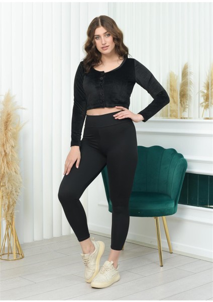Geniş Yaka Fitilli Kadife Crop Siyah Renk