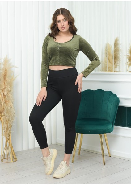 Geniş Yaka Fitilli Kadife Crop Haki Rengi