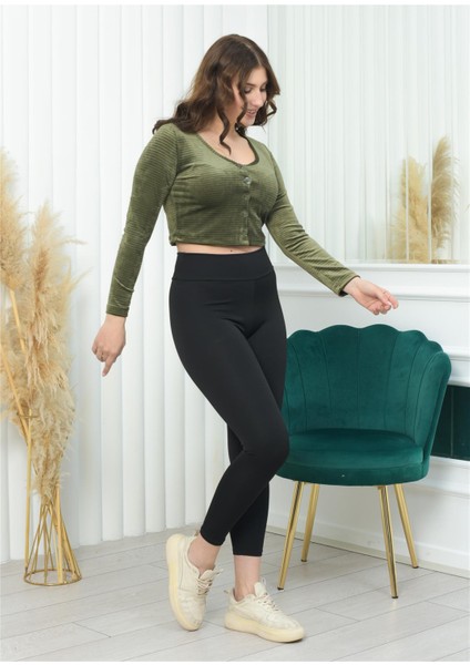 Geniş Yaka Fitilli Kadife Crop Haki Rengi fiyatları