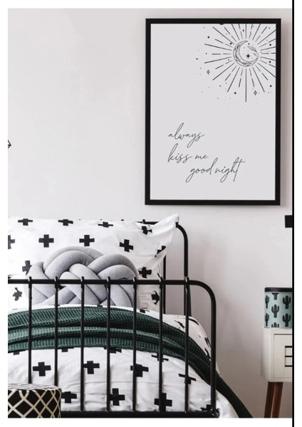 "always Kiss Me Good Night " Siyah Çerçeve Görünümlü Tablo Retro Ahşap Poster