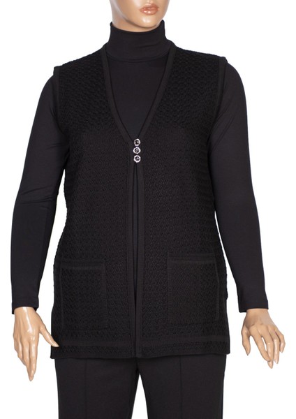 Kadın Sena Triko 3 Düğme Cepli Siyah Yelek