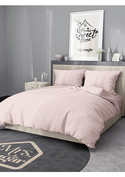 Çift Kişilik Saten Çizgili Pudra Nevresim Takımı