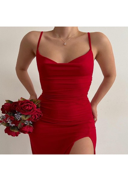 Kırmızı Sandy Kumaş Askılı Yırtmaçlı Elbise