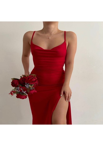 Kırmızı Sandy Kumaş Askılı Yırtmaçlı Elbise fiyatları