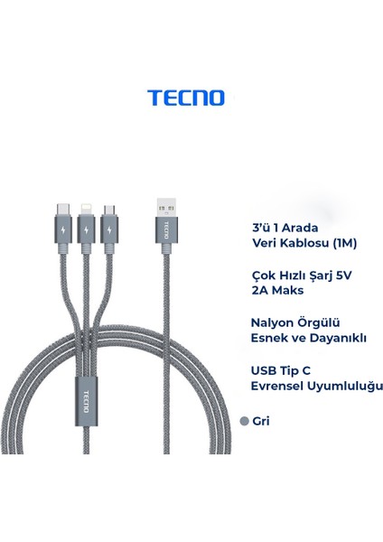 Pova 3in1 Lightning, Type-C, Micro Çıkışlı Örgülü Hızlı Data ve Şarj Kablosu