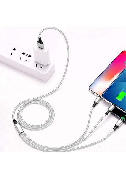 Pova 3in1 Lightning, Type-C, Micro Çıkışlı Örgülü Hızlı Data ve Şarj Kablosu