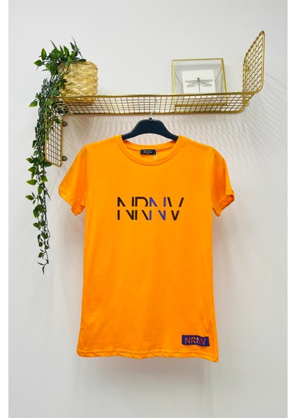 Nrnv Baskılı Bisiklet Yaka Normal Kalıp Tshirt - 1015 - Oranj