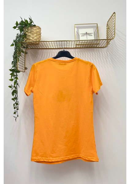 Çiçek Baskılı Bisiklet Yaka Normal Kalıp Tshirt - 1014 - Oranj