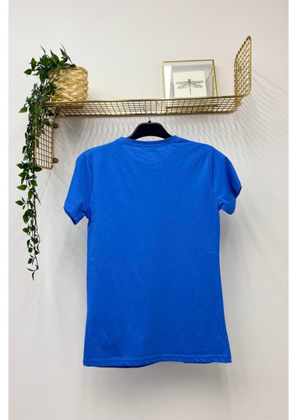 Nrnv Baskılı Bisiklet Yaka Normal Kalıp Tshirt - 1015 - Indigo