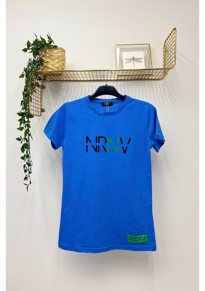 Nrnv Baskılı Bisiklet Yaka Normal Kalıp Tshirt - 1015 - Indigo