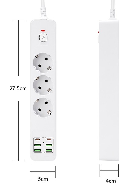 3000W USB Güç Şeridi Aşırı Yük Koruması ile 4usb 2 Type-C Şarj Cihazı Hub 2m Uzatma Kablosu