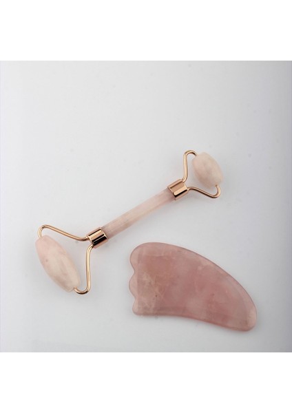 Pembe Kuvars Taşı Masaj Takımı - Roller ve Gua Sha Kaz Ayaklı Set