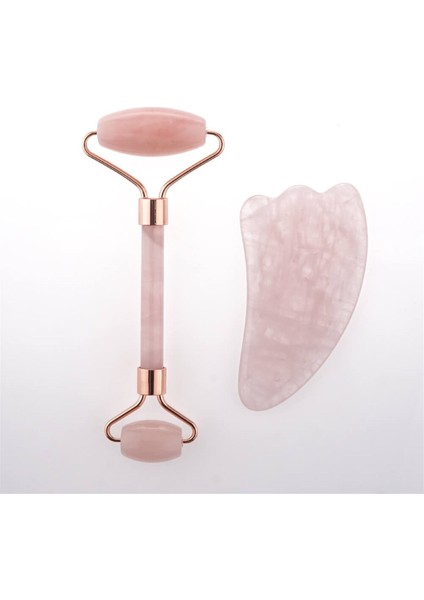 Pembe Kuvars Taşı Masaj Takımı - Roller ve Gua Sha Kaz Ayaklı Set