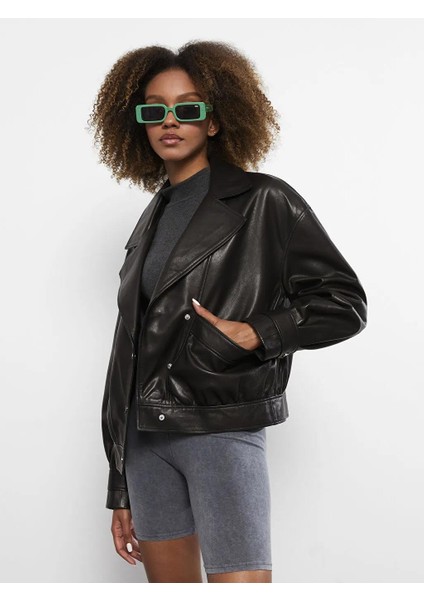 Casual Ceket Yaka Düz Uzun Kollu Kadın Deri Mont