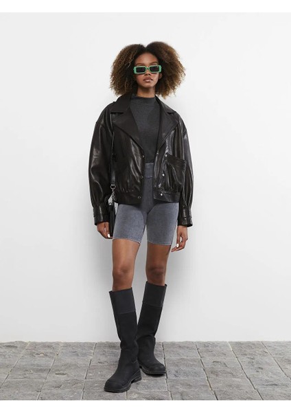 Casual Ceket Yaka Düz Uzun Kollu Kadın Deri Mont fiyatları