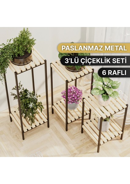 Saksılık 3 Lü Set Ahşap Çiçeklik Dekoratif Lüks Bahçe Mobilyası Saksı Standı Bahçe Balkon Rafı