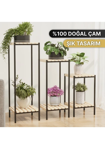 Saksılık 3 Lü Set Ahşap Çiçeklik Dekoratif Lüks Bahçe Mobilyası Saksı Standı Bahçe Balkon Rafı