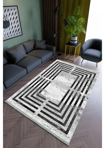 Salon Halısı Modern Siyah Gri Yolluk Kaymaz Yuvarlak Oval Kesme Ince Yıkanabilir Halı