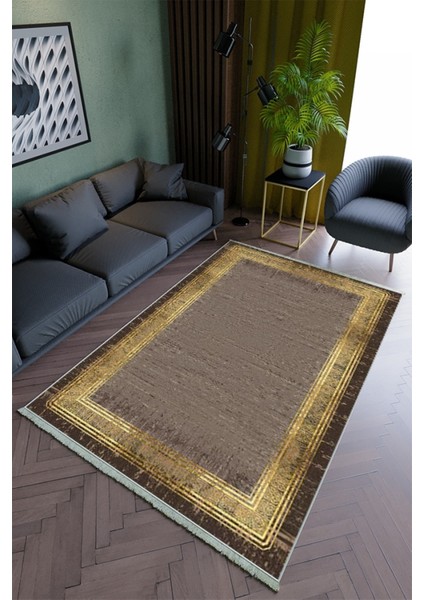 Salon Halısı Modern Altın Kahverengi Yolluk Kaymaz Yuvarlak Oval Kesme Ince Yıkanabilir Halı