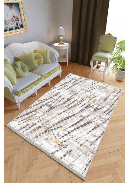 Klasik Salon Halısı Gri Sarı Yolluk Kaymaz Yuvarlak Oval Kesme Ince Yıkanabilir Halı