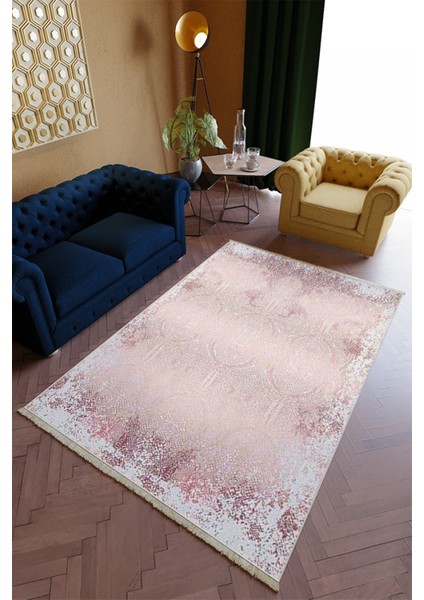 Salon Halısı Spor Pembe - Gri Pembe Yolluk Kaymaz Yuvarlak Oval Kesme Ince Yıkanabilir Halı