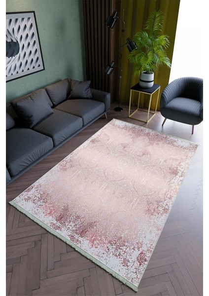Salon Halısı Modern Pembe - Gri Pembe Yolluk Kaymaz Yuvarlak Oval Kesme Ince Yıkanabilir Halı