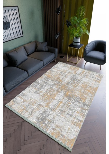 Salon Halısı Modern Ekru Mor Yolluk Kaymaz Yuvarlak Oval Kesme Ince Yıkanabilir Halı