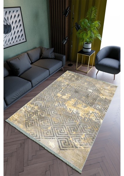 Salon Halısı Modern Sarı Gri Yolluk Kaymaz Yuvarlak Oval Kesme Ince Yıkanabilir Halı