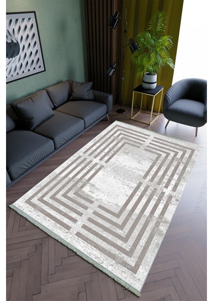 Salon Halısı Modern Ekru Gri Yolluk Kaymaz Yuvarlak Oval Kesme Ince Yıkanabilir Halı