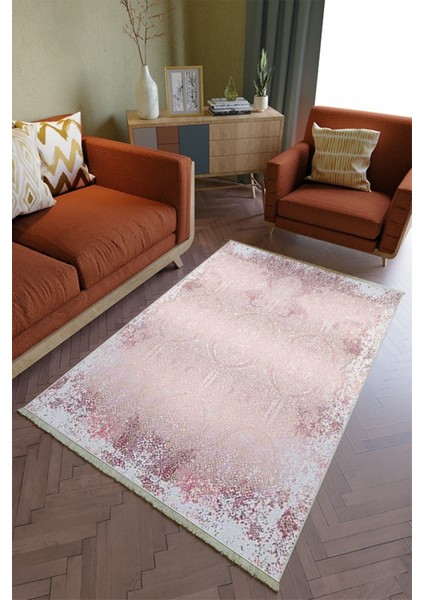 Salon Halısı Otantik Pembe - Gri Pembe Yolluk Kaymaz Yuvarlak Oval Kesme Ince Yıkanabilir Halı